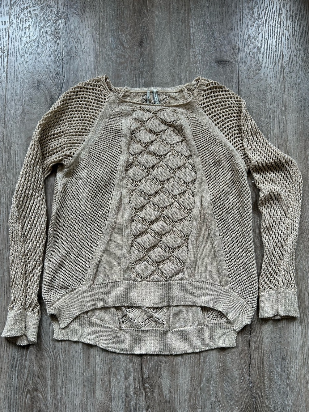 Guess Beige Open-Weave Cable Front Scoop Neck Sweater